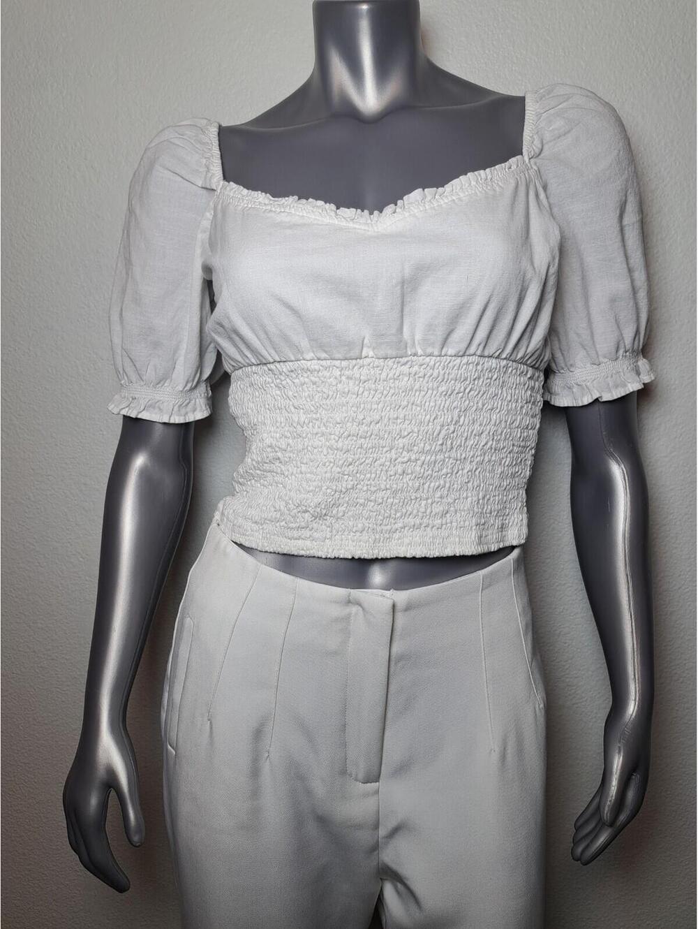 Abercrombie Reformation white smocked ruffle Womens White W Puff Sleeves Sz L